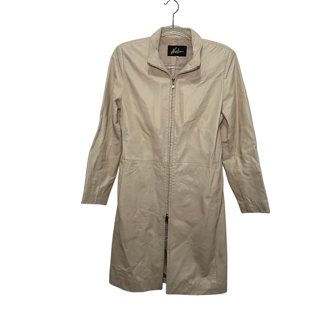 NETO Leather Trench Coat Jacket Women's Size S M 80s Made in Canada Vintage Tan
